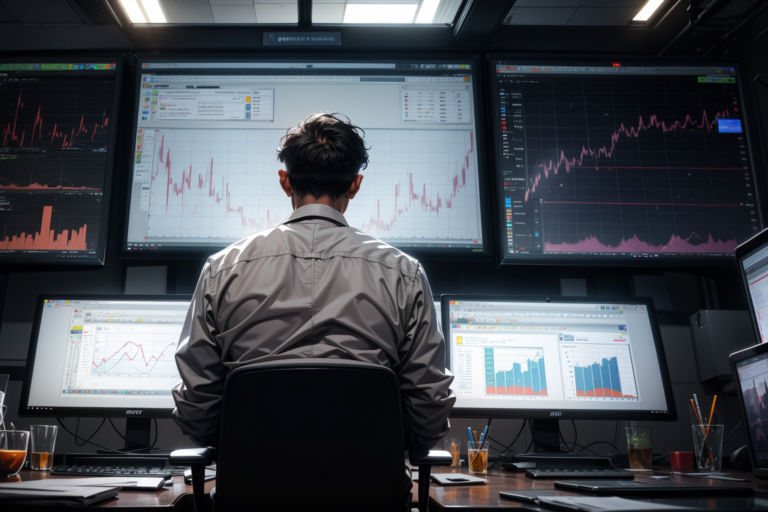 a man looking at the screen. The screen displays various charts showing the growth of various investments.