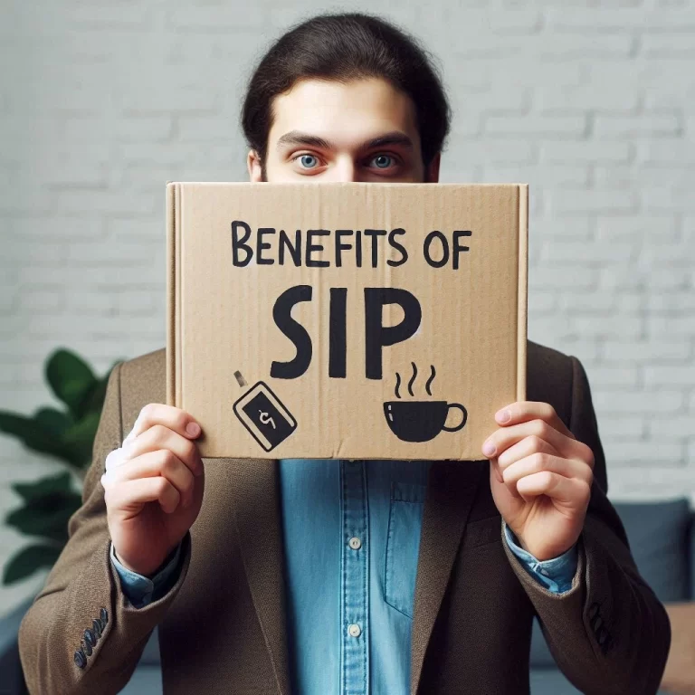 a person looking at the viewer holding a cardboard above his head with the text, Benefits of SIP