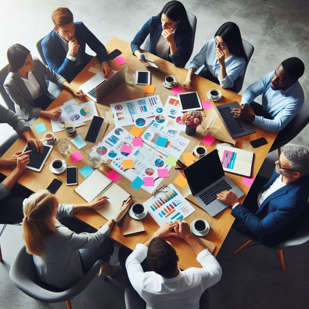 A top shot of a group of people discussing what is investment.